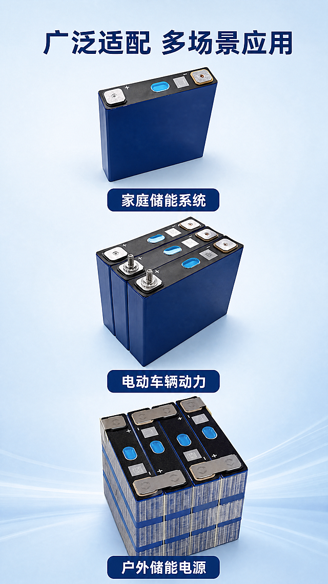 [第8屏] 适用场景展示，多场景适配拼图。本屏使用【图3】【图4】【图6】产品图拼贴展示。
[氛围/风格] 开阔专业工业风，浅蓝渐变背景，多图干净排列。
[元素布局] 顶部标题，中部三格拼图从上到下依次展示：单块电芯、两块组合、多块组装成品，每张图配一个场景标签。保持每张图中电池外观颜色结构与原图一致，不改变产品形状。三张图上下错开排列，每张图之间留出版标题空间。
[光影质感] 每张产品图光影自然真实，整体画面亮度均匀，场景标签区域背景柔和突出文字。
[配色色系] 全局底色：#E3F2FD；产品保持深蓝色，场景标签背景深蓝色，标签文字白色。
[视角构图] 竖版三拼图布局，从上到下阅读动线清晰，每张图大小均匀。
[文字版式] 顶部主标题"广泛适配 多场景应用"深蓝色加粗居中。三个场景分别标注："家庭储能系统"、
"电动车辆动力"、
"户外储能电源"，标签文字白色居中，清晰识别。文字不遮挡产品主体。
[比例分辨率] 宽度1080像素，高度1920像素，9:16竖版，4K分辨率，文字清晰可辨。
[负向提示词] 产品变形，颜色失真，图片重叠，文字错乱，水印。