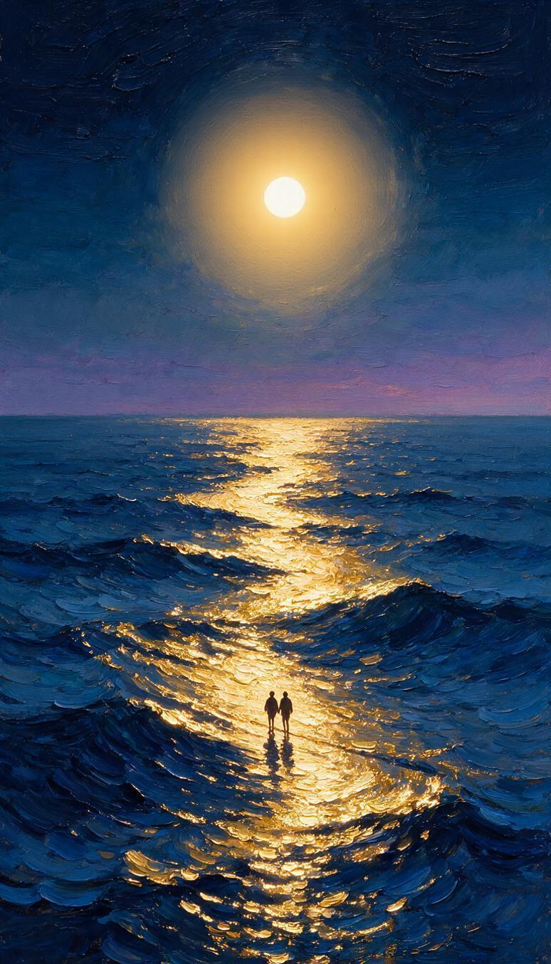 竖版中秋主题插画海报，厚涂油画绘画风格，明显厚重颜料肌理，笔触… - 图片创意预览