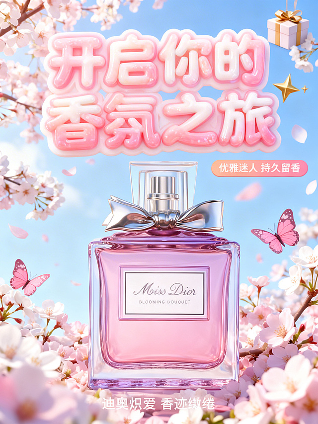 梦幻粉嫩樱花环绕，3D软质字体搭配晶莹香水瓶，融合塑料风质感与膨胀感设计，营造甜蜜浪漫的春日氛围。