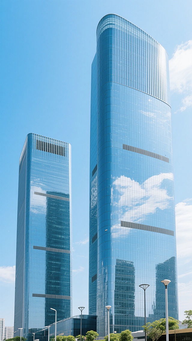 现代城市高楼建筑群，以两座高耸的玻璃幕墙摩天大楼为主景，左侧稍矮建筑顶部有条形通风口设计，右侧更高建筑顶部呈弧形收束并带有竖条纹装饰，玻璃表面清晰反射蓝天白云，底部可见少量绿色植物和路灯，整体采用干净明亮的写实摄影风格，色彩以蓝色和银色为主调，光线为自然光效果，画面简洁无多余元素，符合现实建筑逻辑，适合作为背景素材使用。