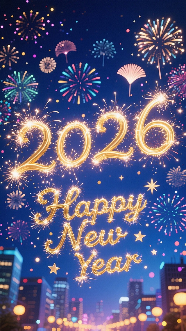画面中央是金色烟花字“2026”，下方搭配金色烟花英文 “Happy New Year”，背景是深蓝色夜空，布满色彩绚烂的烟花，底部还有城市夜景的灯光光斑