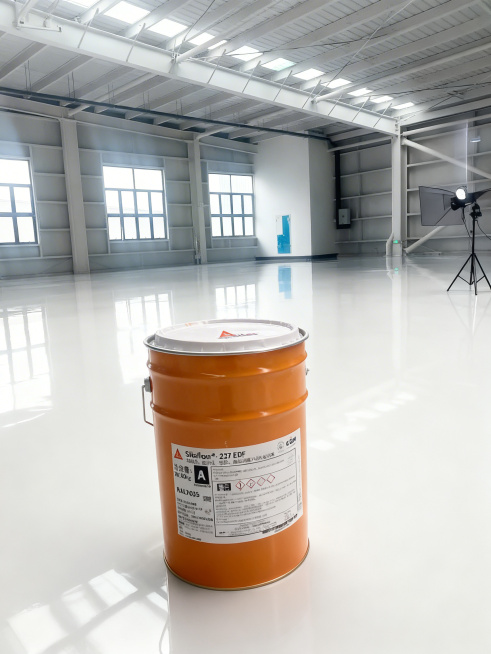 淘宝商品展示场景图，主体是Sikafloor®-237 EDF环氧树脂涂料橙色包装桶，保持桶身原有Logo和所有文字信息原样不变，保持主体物理结构不变。将产品放置在干净明亮的现代化工业厂房，已完工的光预览效果