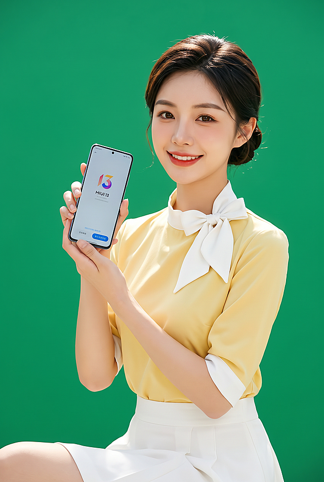 【主体保护指令】请保持参考图1中的【服装、穿着形态、构图】一致，包括服装款式/颜色/材质、合身度，不做改动。将模特的整体（面部、发型、肤色、身形）替换为参考图2的新模特特征。

超写实商业人像摄影，明亮清新的服务行业风格，干净通透的画面调性。

东亚女性，25岁左右，年轻温婉，职业亲和气质；皮肤白皙细腻，自然光泽，肌理层次均匀；脸型柔和圆润，下颌线流畅，五官立体精致，眉骨自然，眼窝柔和；深棕色瞳孔，杏眼，眼尾微微上扬，睫毛纤长自然，淡妆眼妆；眉形自然弯眉，眉峰柔和，眉色与深棕发色协调，原生质感；鼻梁高挺线条流畅，鼻头圆润，鼻翼精致；嘴唇厚度适中，唇线清晰，唇峰明显，自然红色唇妆，妆感清透；发型为深棕色低盘发，发丝整洁有光泽，碎发自然修饰脸型；表情亲切微笑，嘴角自然上扬，笑意温和，面部肌肉放松；眼神温柔明亮，正视镜头，传递专业亲和的服务气质。

姿态完全保持参考图1原样：身体坐姿，双手持手机举于胸前右侧，头部微微侧转朝向镜头，整体姿态与参考图1完全一致。

服装以参考图1为准，保留一切细节，款式、颜色、材质、合身度完全不变。

背景替换为纯净的翠绿色纯色背景，均匀平整，干净明亮，与主体形成清新明快的视觉对比。

光影为明亮柔和的棚拍布光，主光从前方均匀照射，辅助光柔化阴影，轮廓光勾勒人物边缘，整体光线通透自然，新模特整体受光方向、色温、强度与场景光感完全一致，阴影走向统一；肤色与光影自然衔接，画面浑然一体，原生摄影质感。

超高清2K画质，细节层次丰富，发丝、肌肤纹理、服装面料细节清晰可见，色彩还原准确，饱和度适中，对比度自然，整体质感高级细腻。

整体为清新明亮的商业服务人像风格，真实自然的实拍质感，专业亲和的氛围。

景别与参考图1完全一致，半身人像构图，自然机位，画面比例保持参考图1原样。

新模特整体与服装领口、袖口自然贴合，合身度保持；肤色与原图手部、颈部肤色自然过渡，色调连续均匀衔接；整体为一次摄影生成的自然效果，单帧实拍质感，画面浑然一体，肌理与光影同源衔接。