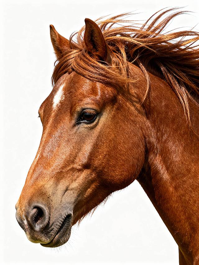 主体是棕褐色骏马的侧面特写，鬃毛飞扬，纯白色背景