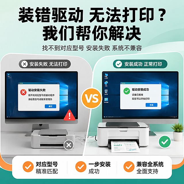 [主图-2] 痛点激发页，解决打印机驱动找不到装不上难题。画面左侧展示驱动安装失败的电脑屏幕场景，右侧展示成功安装后正常打印的效果，对比鲜明。配色延续青绿色背景搭配橙色块的统一风格。主标题大字："装错驱动 无法打印？我们帮你解决"。副标题小字："找不到对应型号 安装失败 系统不兼容"。主标题用黑色粗体，副标题用深灰色，要点用橙色对勾标注："对应型号精准匹配 一步安装成功 兼容全系统"。画面干净，文字大小对比清晰，1:1比例，4k分辨率，文字清晰可辨。负向提示词：变形，文字错乱，背景杂乱，水印，电商平台Logo。