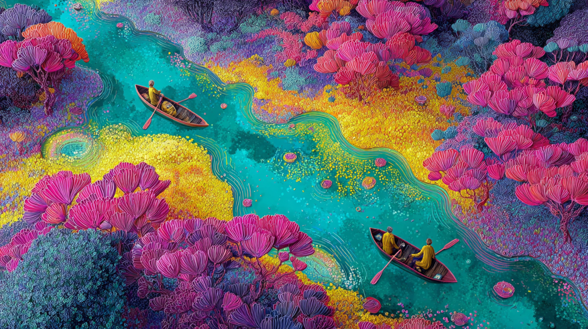 Aerial view of a Dopamine Valley, a rainbow river of flowing liquid light winds through fantastical预览效果