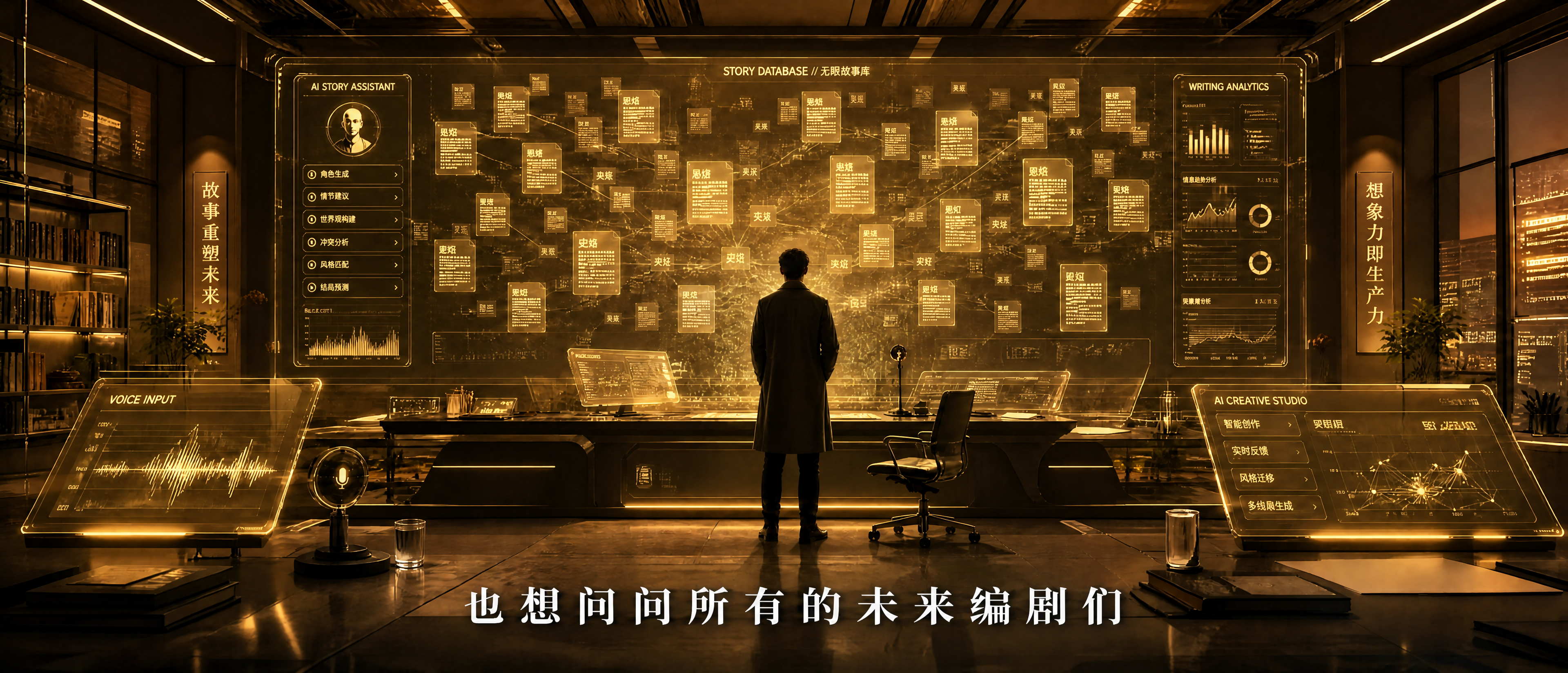 将这张科技感图片的整体色调改为暖黄色调。所有蓝色的全息屏幕、光… - 图片创意预览