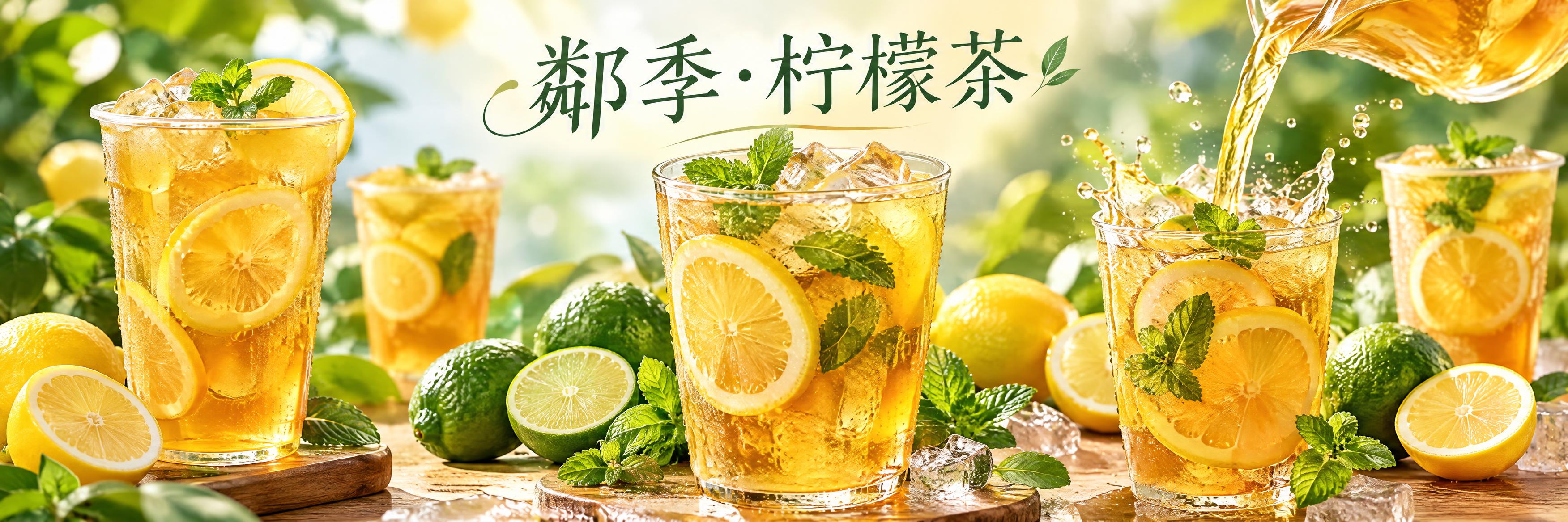 鄰季·柠檬茶 店铺海报设计，横版长条形。画面展示多杯不同角度的… - 图片创意预览