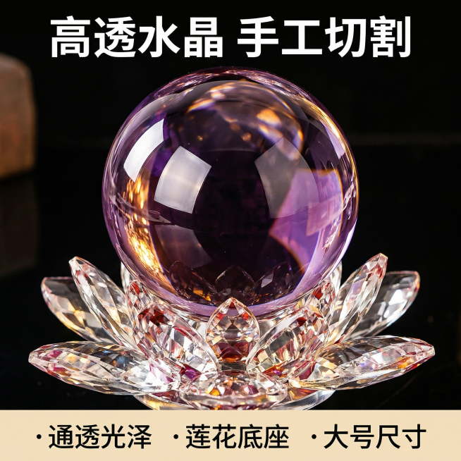 [主图 2] 水晶玻璃紫色莲台宝珠材质细节展示图
[氛围/风格] 专业质感，细节清晰，暖调光影突出通透材质。
[画面元素] 保持原有产品造型不变，聚焦拍摄水晶玻璃表面和莲花底座切割细节，放大展示玻璃通预览效果