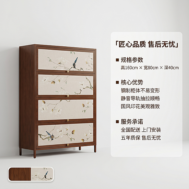 [主图 5] 新中式钢制斗柜规格参数与服务承诺
[氛围风格] 简洁清晰，信任背书，新中式简约干净风格
[画质] 商业摄影质感、光线柔和通透、产品清晰真实、画面干净高级
[元素] 整体版式沿用主图1的空间背景，左侧主体放置斗柜完整产品图，保持产品外观与输入产品图一致，右侧竖排展示规格参数和核心服务卖点。产品主体占比约50%，参数区域背景为半透明白色蒙版，保证可读性不遮挡背景。左下角添加一个小巧圆角色卡框，展示产品主色深棕印花款
[光影] 光影方向和色调与前四张主图保持完全统一，柔和自然，清晰通透
[配色] 背景保持原有空间配色，文字为深棕色，蒙版半透明白色，对比清晰
[文字版式] 顶部居中主标题「匠心品质 售后无忧」，深棕色粗体。右侧规格参数分三部分：
■ 规格参数
高160cm × 宽80cm × 深40cm
■ 核心优势
钢制柜体不易变形
静音导轨抽拉顺畅
国风印花美观雅致
■ 服务承诺
全国配送 上门安装
五年质保 售后无忧
所有文字左对齐，项目符号统一使用■，字号对比分明，标题加粗，内容常规，深棕色文字，清晰易读
[比例分辨率] 1:1 比例，2k 分辨率；文字清晰锐利，画面超高清
[负向提示词] 变形，水印，文字错乱，产品图模糊，背景杂乱，遮挡主体