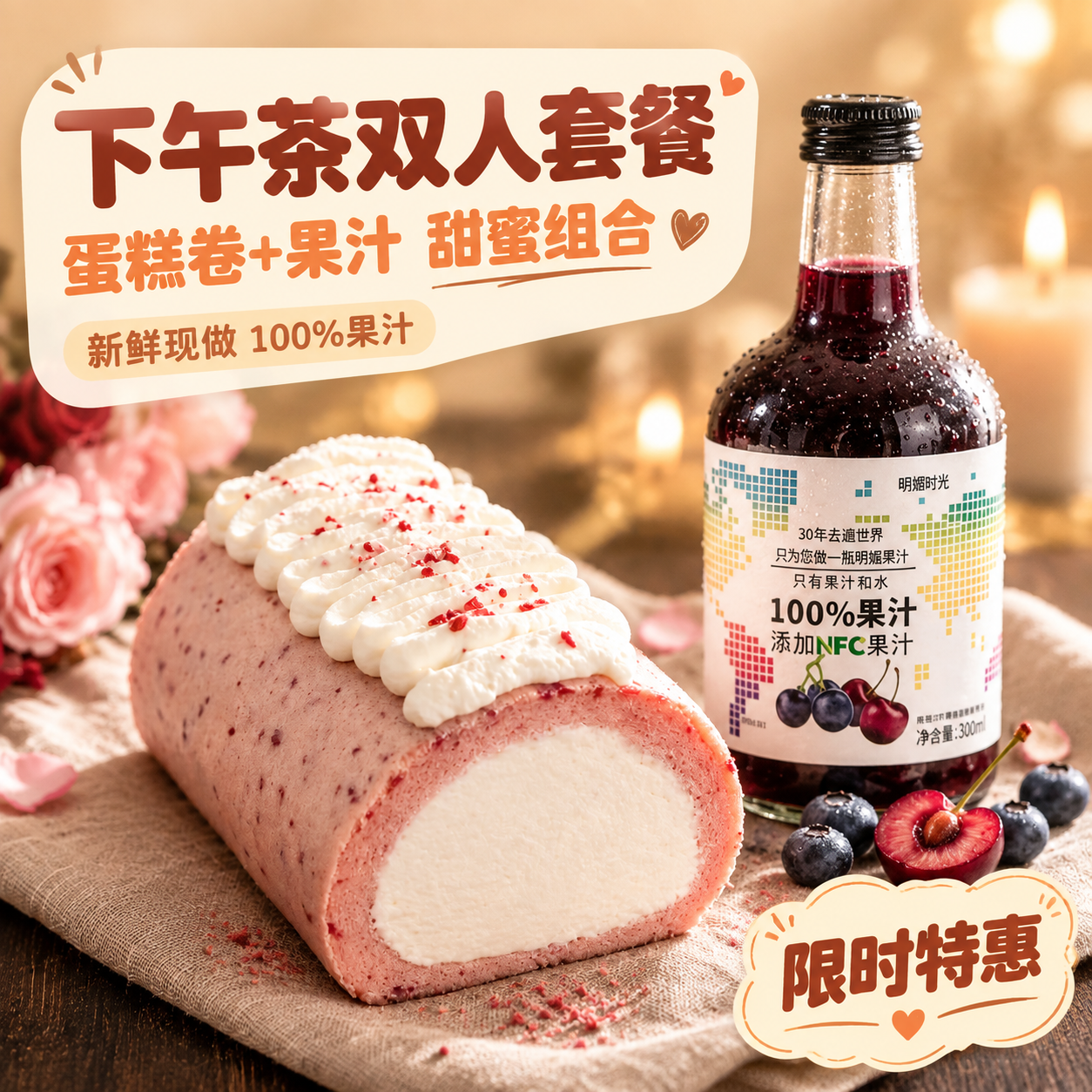 [主图-1] 美团套餐首图，草莓蛋糕卷+蓝莓樱桃果汁组合，下午… - 图片创意预览