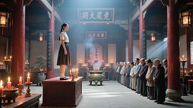 古典家族祠堂内部，烛火通明，一个18岁少女站在高台之上表情威严如长辈，台下一排家族成员低头肃立，红木柱廊、牌匾、香炉等古典元素，光影庄严神圣，国风古典写实风格