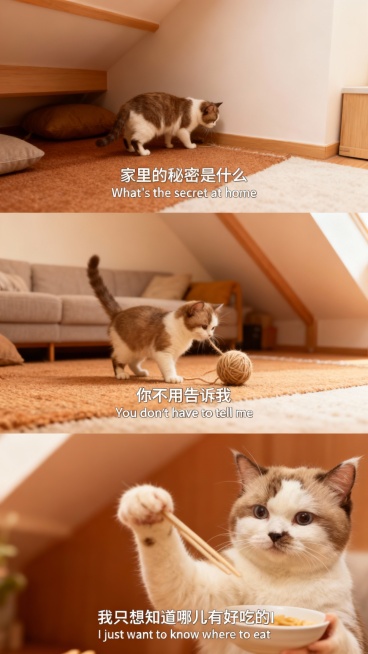 三宫格艺术感写真图，场景为阁楼，色调呈暖棕与米白渐变，布置有沙发、地毯。画面主体为参考图中的猫咪。最上面一张为近景，猫咪在客厅角落的背影，仿佛在研究某物，添加中英字幕 “家里的秘密是什么  What'预览效果
