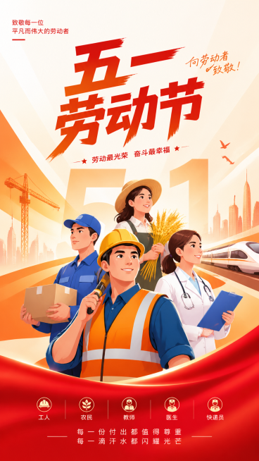五一劳动节创意海报，包含主题文字"五一劳动节"，画面包含劳动元素，风格明快有活力，适合节日宣传，整体设计现代简约预览效果