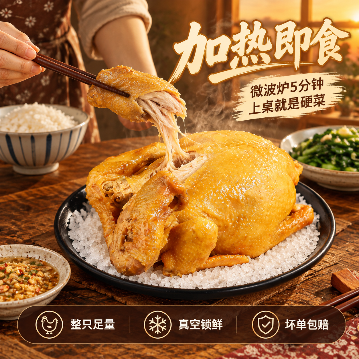 [主图-4] 古法盐焗整鸡场景食用图，加热即食便捷体验。 [统… - 图片创意预览