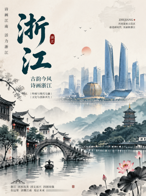 浙江宣传海报，古今结合江南风，融合传统江南水乡古镇与现代杭州城市地标，水墨质感结合现代设计感，展现浙江古典韵味与现代活力预览效果