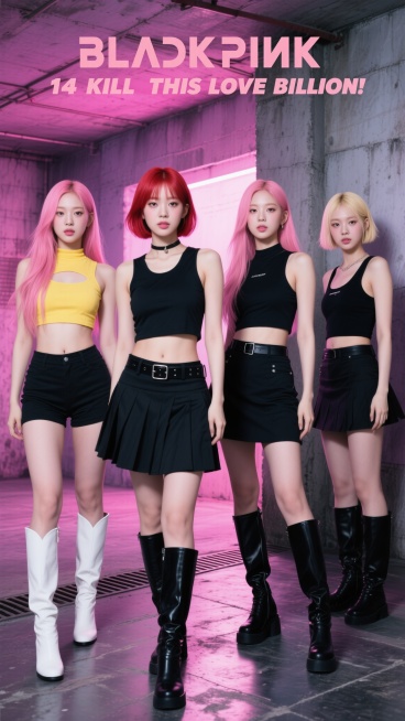 韩国流行女子组合BLACKPINK为音乐视频《14 Kill This Love Billion》制作的数字宣传海报，背景是粗糙的工业环境，带有粉红色和紫色的色调，混凝土墙和金属地板，四名成员站在中间预览效果