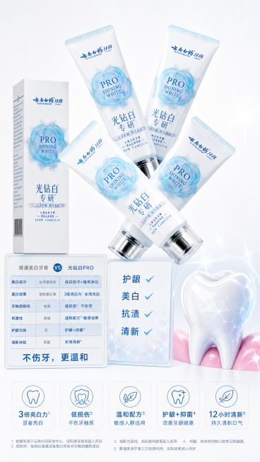 电商产品详情图，宽750px，白色干净背景。中央是一组产品：4支云南白药光钻白PRO牙膏呈X形交叉摆放，旁边放着牙膏盒和一张功效卡片。卡片上写“护龈 ✔ 美白 ✔ 抗渍 ✔ 清新 ✔”。左侧有一个小表预览效果