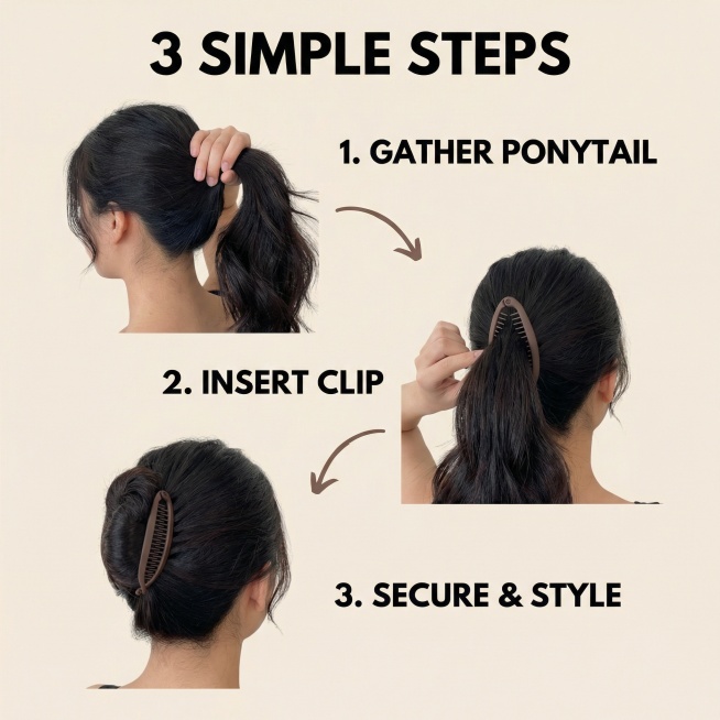 欧美跨境电商步骤示意图，分三步展示2025新款磨砂香蕉夹的佩戴方法：1.抓起马尾 2.夹入发夹 3.固定成型，用简洁的箭头和英文文字"3 SIMPLE STEPS"引导，背景为浅米色，产品完整不切割，预览效果