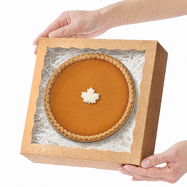 在盒子开窗内的白色拉菲草上放置一个大的南瓜派(Pumpkin Pie)，派中间有一个小枫叶形状的奶油裱花点缀。保留原图的纸盒外形、开窗波浪形边缘、白色拉菲草、背景、光线、光影、色调、材质、构图、景深完全不变，保持真实商业摄影质感，高清，无畸变，产品质感与原图一致，不要重绘整张图，只添加南瓜派和奶油裱花