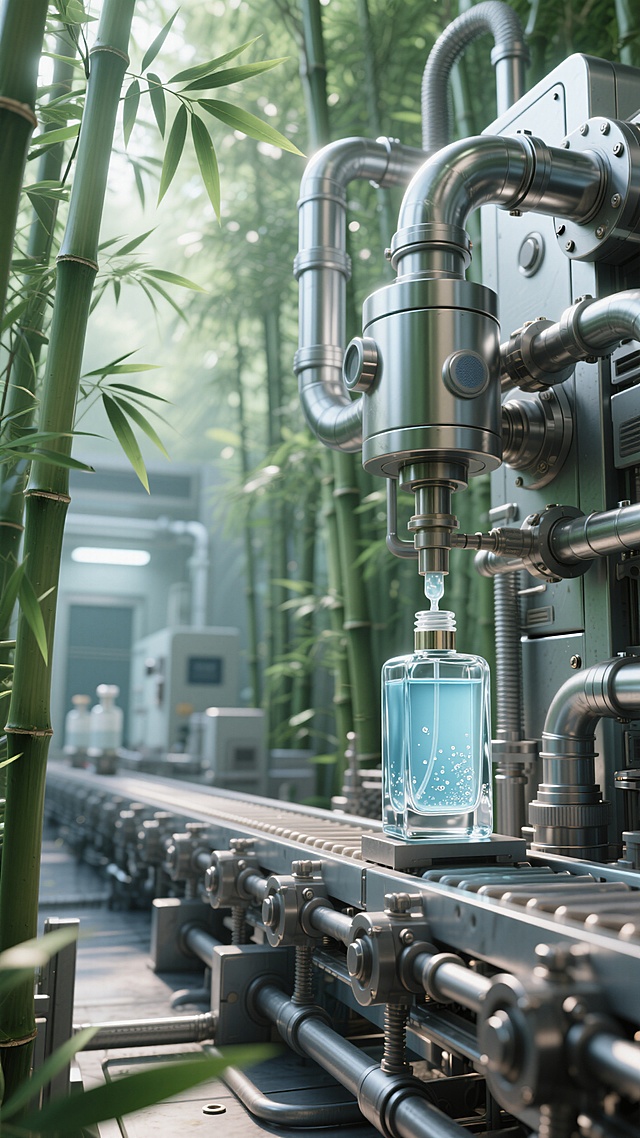 香水实验室灌注环节的机器特写，机器下是一条工业化生产流水线，一瓶香水正在被灌装；周围是有竹林的实验室