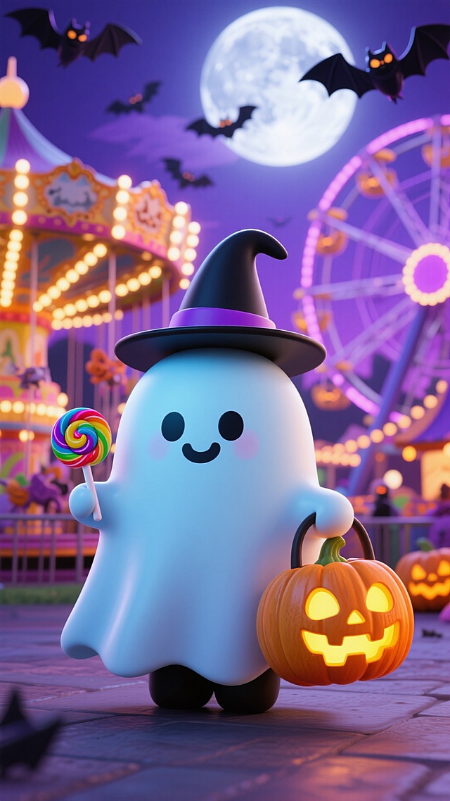 有一个萌系幽灵戴着巫师帽一手提着南光灯，一手拿着糖。背景是游乐场，圆月高挂，蝙蝠飞舞，紫色光影柔和，营造出神秘的万圣节氛围。
