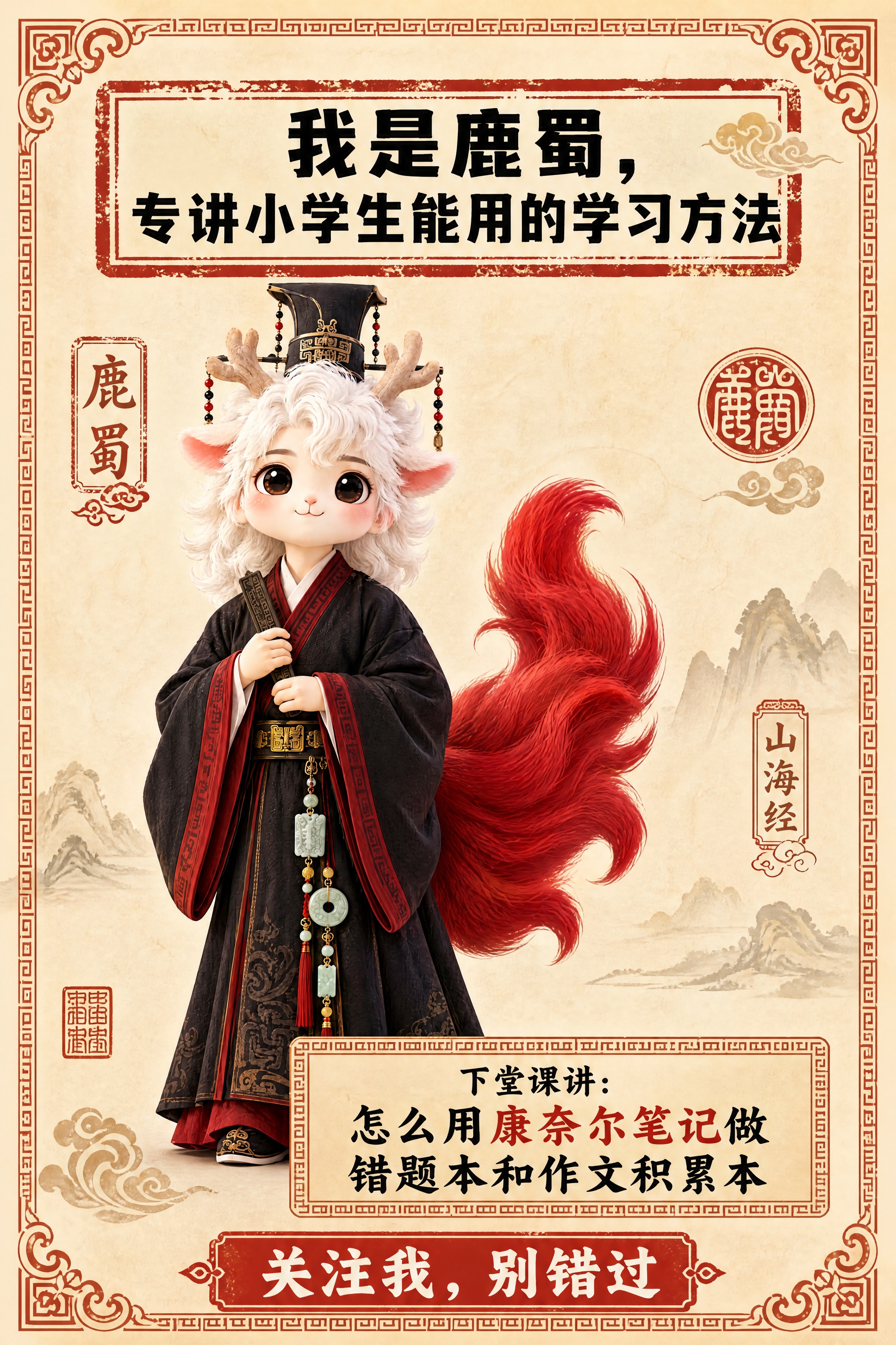 小红书笔记结尾页，统一模板，国风山海经风格，米黄色宣纸纹理背景… - 图片创意预览