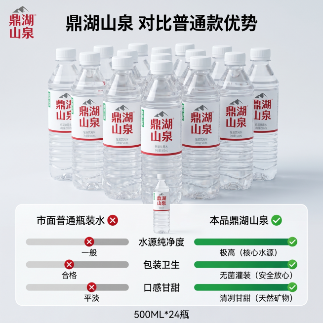[主图 7] 硬核对比主图
[氛围风格] 清晰直观，专业对比突出优势
[画质] 商业摄影质感、光线柔和通透、产品清晰真实、画面干净高级
[元素] 将品牌修改为鼎湖山泉，左上角添加品牌logo，保持瓶装预览效果