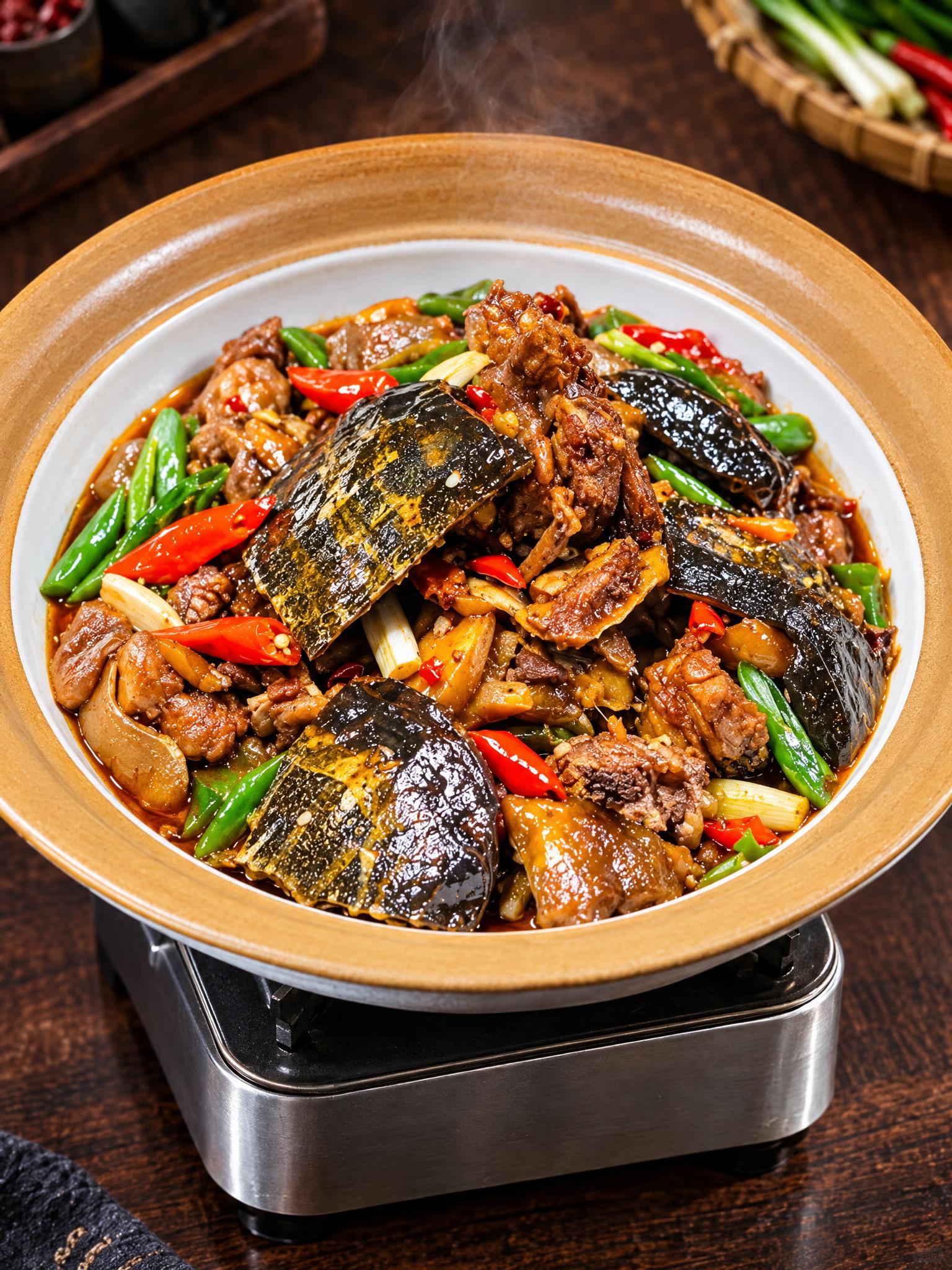 基于参考图中的红烧甲鱼菜品，生成俯视45度角度的美食摄影图，保… - 图片创意预览