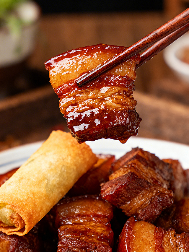 微距特写：筷子夹起一块裹着酱汁的红烧肉（肥瘦相间，油光欲滴），旁边摆着半块炸春卷，背景模糊的餐桌，画面突出食物的高脂肪高碳水特质，用暖光强调油脂的光泽和食物的诱惑力，暗示多巴胺飙升的愉悦感，整体色调浓郁有食欲