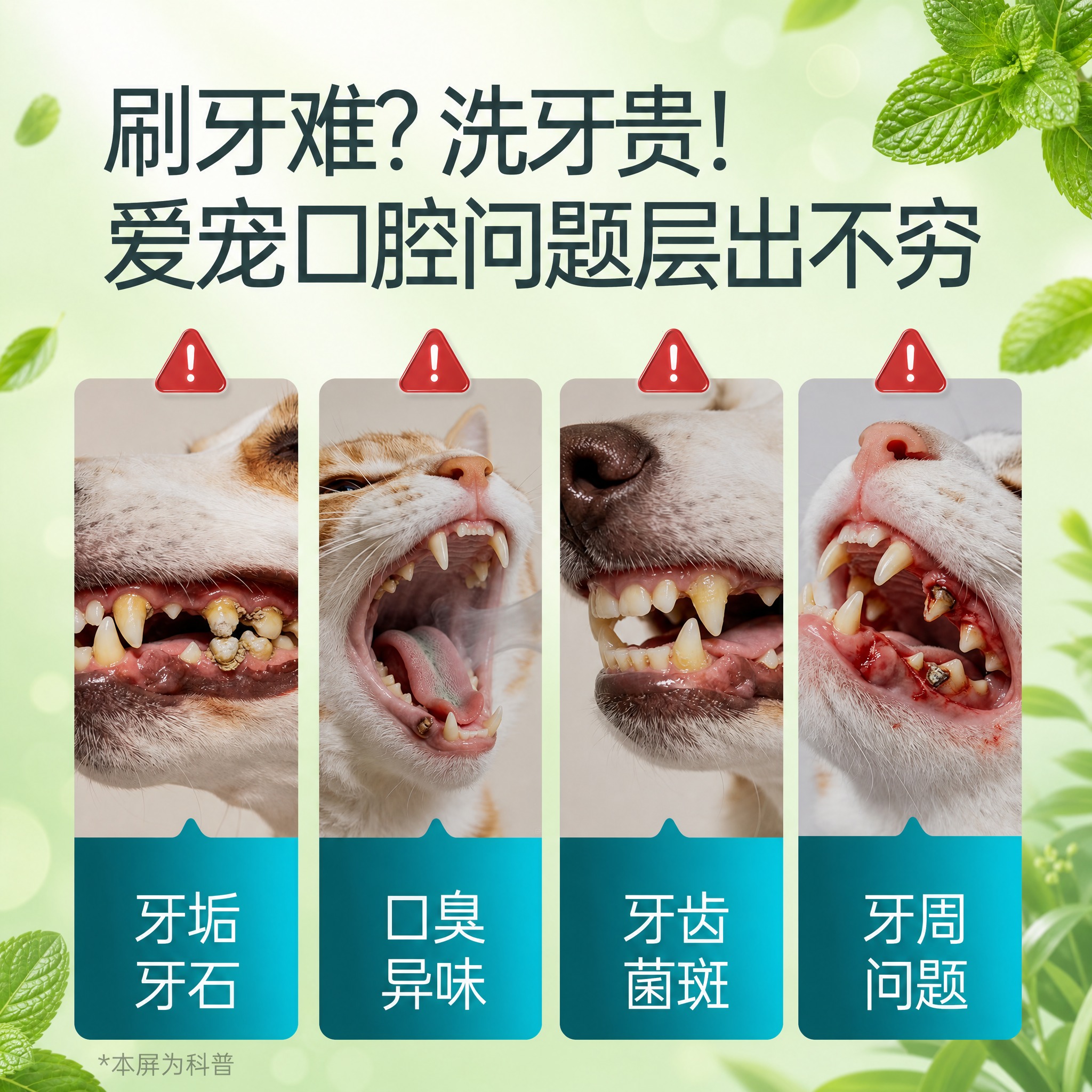 将这张宠物口腔问题科普图的背景颜色改为清新的浅绿色自然风格，与… - 图片创意预览