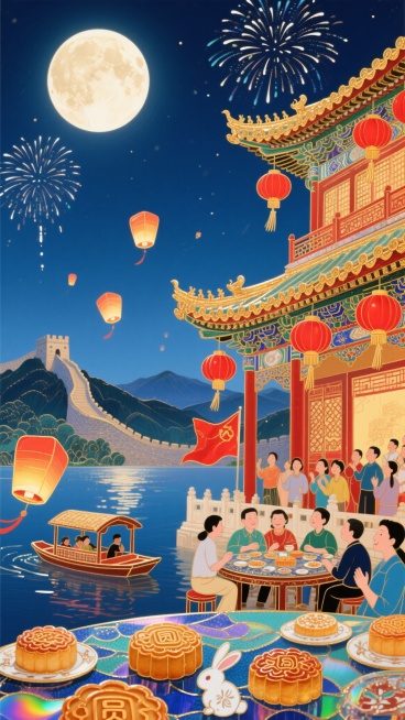珐琅彩鎏金风格，墨蓝夜空悬着一轮饱满的圆月和烟花，银辉洒在故宫城楼的飞檐上，檐角下挂满了红彤彤的灯笼，灯笼穗子随风轻晃，与楼前飘扬的红色旗帜相映。很远处是山上的长城，近处西湖湖面上，游船上摆着圆滚滚的预览效果