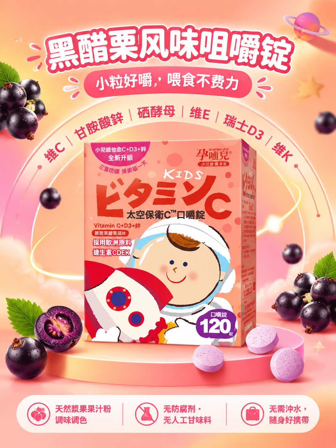 电商产品主图海报，3:4竖版，画面正中心放置儿童维生素C咀嚼片… - 图片创意预览
