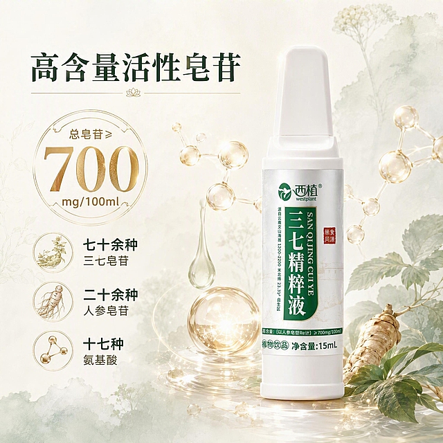 [主图-3] 成分卖点图，高含量活性皂苷数据可视化。
[统一基调] 新中式轻奢养生风，京东简洁稳重调性，文字占比<30%，一图一重点；整体风格=新中式轻奢商业摄影；标题字=宋体衬线粗体（清雅有风骨）；正文字=简洁无衬线体；主色=浅米白+松烟绿；背景延展=浅米白渐变底，细腻宣纸纹理+淡绿色草本晕染；强调色=浅金色，用于核心数据和分子光点；标题色=深松烟绿；正文色=暖灰褐；组件=圆形数据徽章、细金线引线；光影=均匀柔光，通透干净。
[画面] 使用【图4】单支瓶身正面，瓶身居中偏右占画面35%；左侧及周围环绕分子结构可视化图形、草本精华液滴、金色光点；核心数据「总皂苷≥700mg/100ml」以大数字徽章形式置于左上；背景浅米白渐变，点缀淡绿色草本纹理。
[光影质感] 均匀柔光商业摄影质感，瓶身有自然高光和通透感，分子图形有发光质感，整体干净明亮。
[配色] 主色浅米白+松烟绿；强调色浅金用于数据数字和光点；整体清雅有科技感但不冰冷。
[文字版式] 左上大数字「总皂苷≥700mg/100ml」浅金色突出；上方主标题「高含量活性皂苷」；下方3个成分点：「七十余种三七皂苷」「二十余种人参皂苷」「十七种氨基酸」；文字全部横排，层级清晰，文字占比<30%。
[输出要求] 比例1:1方图，2K分辨率，瓶身文字清晰；负向：深色背景、冷蓝色调、文字过小、瓶身变形、医疗功效、绝对化用语、模糊、水印。