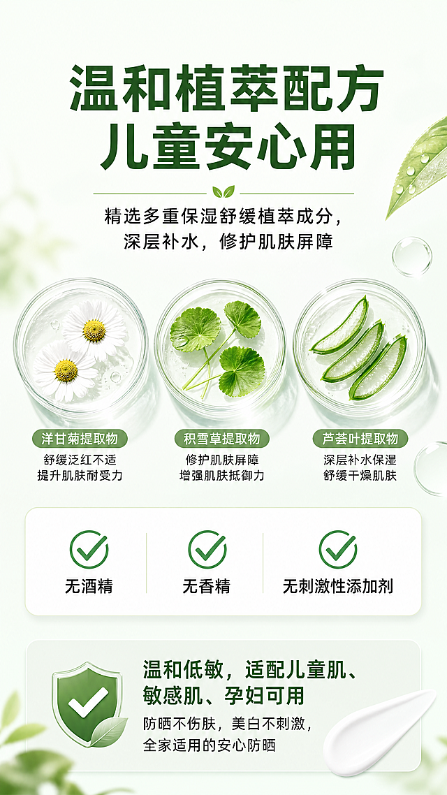[第7屏] 产品成分：娅洛思清凝光透水感防晒乳温和植萃配方介绍
[氛围/风格] 天然安全风格，清新干净，成分展示清晰，适合母婴产品安心感
[元素布局] 顶部大标题，中间成分优势展示，底部总结文案，整体排版分区清晰，用勾选列表展示优势
[光影质感] 明亮均匀光照，干净通透，突出天然温和的安全感
[配色色系] 全局底色：#f3fff5；标题用深绿色，正文用黑色，对勾用绿色，自然清新配色
[视角构图] 从上到下排版，信息层级清晰，留白充足，手机阅读舒适
[文字版式] 顶部大标题“温和植萃配方 儿童安心用”深绿色加粗居中；接下来文案“精选多重保湿舒缓植萃成分，深层补水，修护肌肤屏障”；然后三个勾选点：“✅无酒精 ✅无香精 ✅无刺激性添加剂”；再下方总结：“温和低敏，适配儿童肌、敏感肌、孕妇可用
防晒不伤肤，美白不刺激，全家适用的安心防晒”，文字分段整齐，字号合适，手机端清晰可读
[比例分辨率] 9:16竖版，4K分辨率，文字清晰可辨
[负向提示词] 排版混乱，文字模糊，颜色过于鲜艳，虚假成分宣传，水印