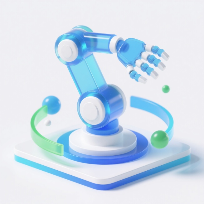 一个软3D风格的机械臂，主体为透明渐变的蓝色，关节处有白色圆形连接部件，机械爪呈现半透明蓝色，底座为白色方形，带有蓝色渐变边缘和圆形旋转平台，周围环绕着透明的绿色和蓝色弧形装饰以及悬浮的球体，整体造型圆润柔和，光影效果明亮，具有轻微的反光和阴影，背景为纯白色，营造出简洁、科技感与可爱感兼具的氛围。预览效果