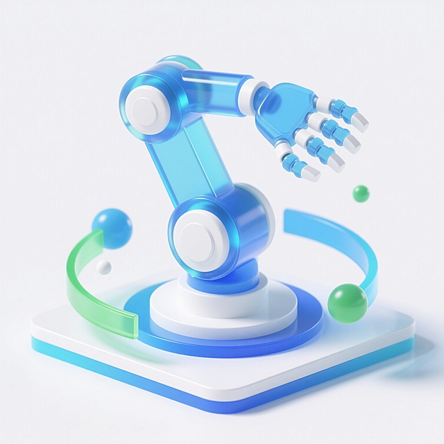 一个软3D风格的机械臂，主体为透明渐变的蓝色，关节处有白色圆形连接部件，机械爪呈现半透明蓝色，底座为白色方形，带有蓝色渐变边缘和圆形旋转平台，周围环绕着透明的绿色和蓝色弧形装饰以及悬浮的球体，整体造型圆润柔和，光影效果明亮，具有轻微的反光和阴影，背景为纯白色，营造出简洁、科技感与可爱感兼具的氛围。