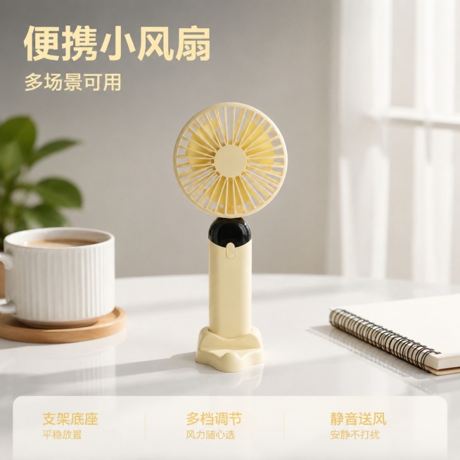 [主图-1] 便携手持小风扇场景首图
[氛围风格] 简约清新实用风，明亮通透
[画质] 商业摄影质感、光线柔和通透、产品清晰真实、画面干净高级
[元素] 奶黄色手持小风扇居中展示，放置在干净明亮的白色预览效果