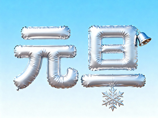 3D金属质感充气字“元旦”，重拟物风设计，搭配铃铛与雪花吊饰，营造喜庆节日氛围。