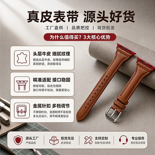 [主图-2] 核心价值与关键卖点，围绕「真皮质感+精准适配+耐用针扣」一个核心购买结论组织3个支撑点，回答为什么值得买。
[统一基调] 1688 B端源头工厂感，简洁稳重，突出材质与做工；整体以深棕色皮革质感为主色，背景用浅灰色渐变加轻微工厂工作台氛围；标题字色为深棕色，辅助字色为深灰色，强调色为暗红色（呼应接口红色）；字体为无衬线粗体，字号层级分明；卡片与图标采用圆角矩形、细描边样式。
[画面] 产品位于画面右侧，呈45度斜放，展示表带整体形态与红色接口；左侧放置3个圆角信息卡片，上下排列，分别对应「头层牛皮 细腻纹理」「精准适配 接口稳固」「金属针扣 多档调节」；每个卡片左侧配一个简约线性图标，右侧为两行文字说明；产品占画面约50%，卡片占左侧约35%；背景为比主图1稍深的暖灰色渐变，整体信息密度中等偏上。
[光影质感] 商业摄影质感，主光方向与主图1一致（左上45度），皮革纹理清晰，红色接口与金属扣反光自然，产品有柔和接触阴影。
[配色] 沿用统一视觉：棕色皮革 + 红色接口点缀 + 暖灰背景；卡片为白色底+细深棕描边；标题深棕色，辅助文字深灰色；图标用暗红色强调。
[文字版式] 画面顶部居中放置主标题「真皮表带 源头好货」；左侧3张卡片每张标题为粗体深棕色，说明文字为小号深灰色；文字不遮挡产品主体。
[输出要求] 比例1:1，2K分辨率，文字清晰可读，产品清晰锐利；禁止变形、错字、模糊、杂乱、水印、任何电商平台Logo、悬浮、穿模。