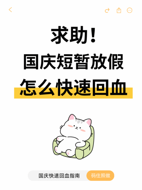 画面以卡通猫咪为主视觉，配文表达国庆短暂放假如何快速恢复精力的主题。采用大字排版和清新配色，适合用于假期指南或生活分享场景。