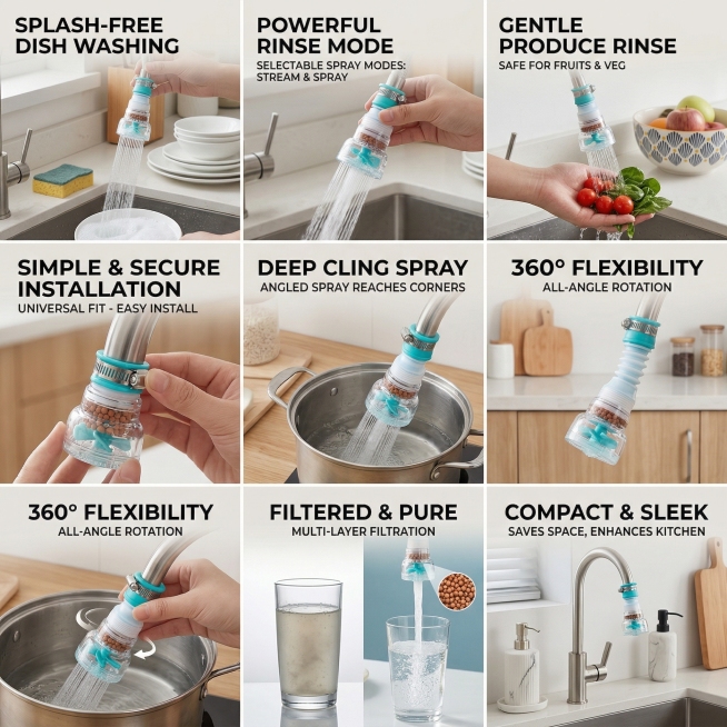 Generate 8 different scene and usage images for this kitchen faucet splash filter, based on the orig预览效果