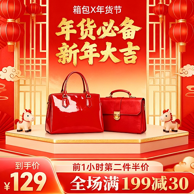 以传统中国红为主色调，红金渐变背景，搭配金色中式窗棂、红灯笼、祥云纹样作为背景元素，背景有两个可爱小马摆件，营造浓郁喜庆的年味氛围；画面中央展示两款主体箱包。
箱包下方放置在带有金色镶边的多层展示台面上；顶部中央用白色“ 箱包 X 年货节 ”，主标题为金色加粗书法字体“年货必备 新年大吉”；左下角设置红金渐变促销标签，显示“到手价¥129”；底部是红金渐变促销栏，包含“前1小时第二件半价”“全场满199减30”的白色与金色加粗文字；