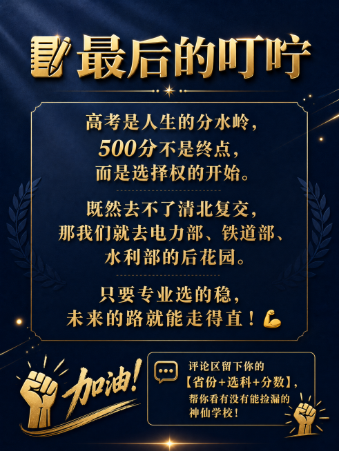 小红书图文最后一页，主标题📝 最后的叮咛，文案：高考是人生的分水岭，500分不是终点，而是选择权的开始。既然去不了清北复交，那我们就去电力部、铁道部、水利部的后花园。只要专业选的稳，未来的路就能走得预览效果