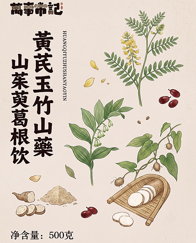 参考参考图的国风插画风格，绘制黄芪玉竹山药山茱萸葛根饮，重点突出展现黄芪、玉竹、山药前三种原料，山茱萸和葛根简化呈现不占主要位置，保留浅色米色背景和古风排版，整体风格和参考图一致，不要多余药材。