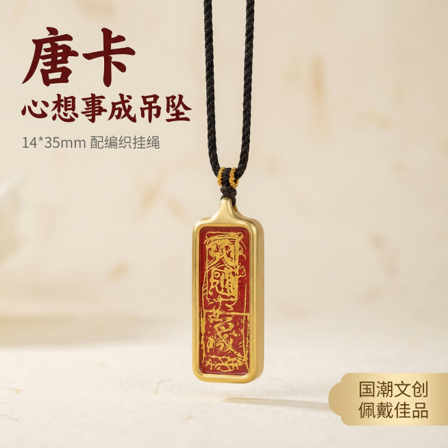 [主图 1] 唐卡心想事成吊坠首图展示；[氛围/风格] 国风质感，简约高级，质感细腻，突出产品品质；[画面元素] 保持原吊坠外观完全一致，吊坠居中悬浮展示，背景为中式极简米白色肌理背景，柔和漫射光影，预览效果