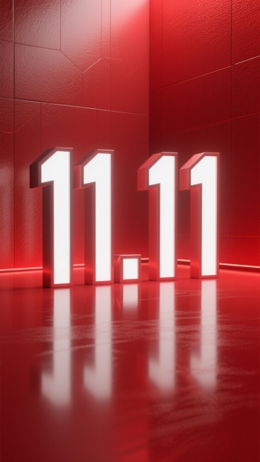 极简主义3D渲染风格科技感海报，以正红色为主色调，辅以深红色渐变和暗红色阴影营造空间感，中央由几何切割的“11.11”立体数字构成，数字内部透出明亮白色光源，光线在平滑的红色地面上形成清晰倒影，整体采用对称构图，背景墙面具有细腻的磨砂质感纹理，画面简洁大气，视觉层级分明，传达出高端、现代的设计感。预览效果