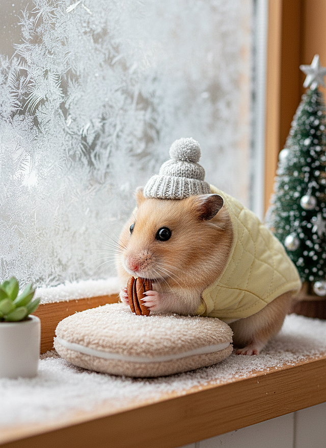 主视觉是金仓鼠裹浅黄小棉袄，戴微型针织帽，蜷在窗台的暖手宝旁啃坚果。背景是积雪窗台，摆着多肉盆栽、迷你圣诞树，玻璃上凝着冰花，配色浅黄 + 银白，小巧可爱，满是居家冬日的治愈感。