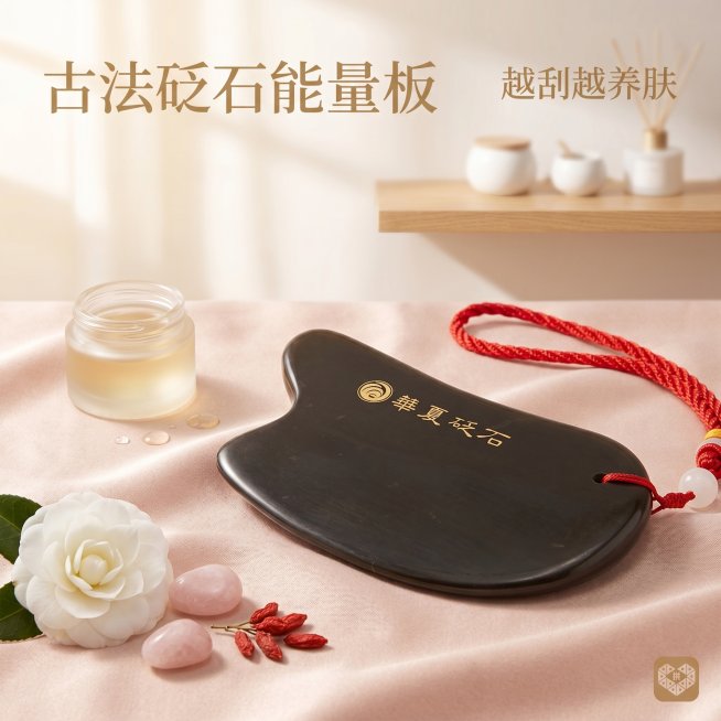 拼多多平台砭石刮痧板商品主图，温柔风适配女性客群，高颜值养生款砭石刮痧板，古法砭石能量板，越刮越养肤，刮出紧致好气色，告别美容院，在家轻松做SPA，浅暖柔色系背景，简约干净清新风格，突出产品质感预览效果