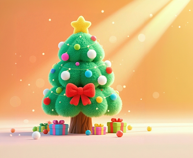 温馨童趣风格毛绒圣诞树，主体为绿色毛绒材质圣诞树，树干棕色，顶部有黄色星星装饰，树上挂满彩色圆形小挂件、红色蝴蝶结、白色毛绒球，树下散落彩色礼物盒，背景为暖橙色渐变，带有柔和光斑效果，整体画面明亮活泼